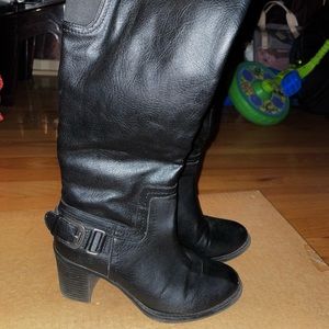 Black Knee High Leather Buckle Zipper Heel Boots